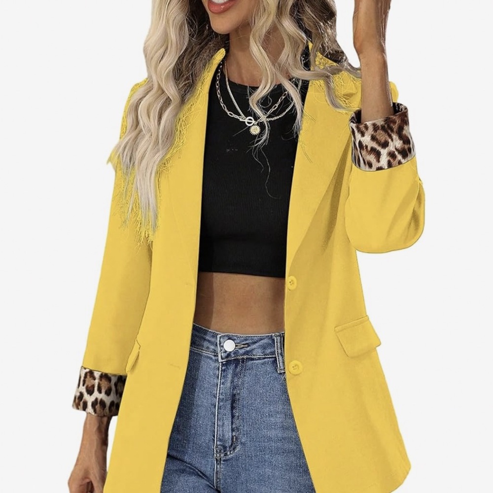 Women’s Yellow Leopard-Cuff Blazer Jacket